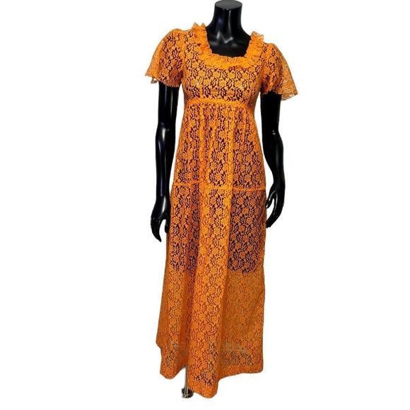 Vintage 70s Bright Orange Lace Popover Sheer Empire Waist Maxi Dress Boho Hippie - Picture 1 of 8